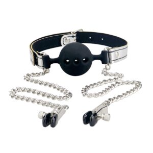 CalusBreathableBallGagWithNippleClampSilver2